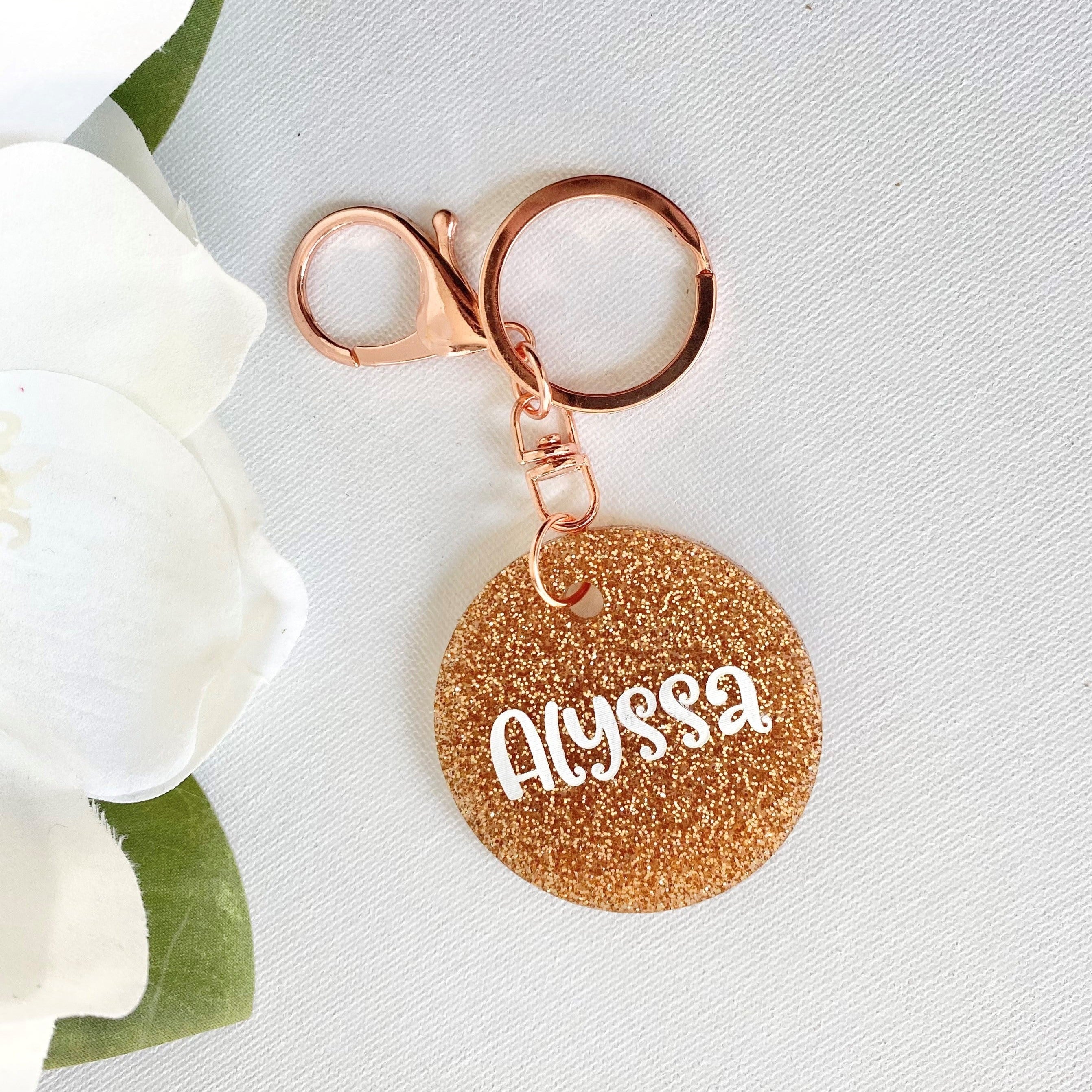Rose Gold Personalised Key Ring - Rose Gold Glitter Bag Tag