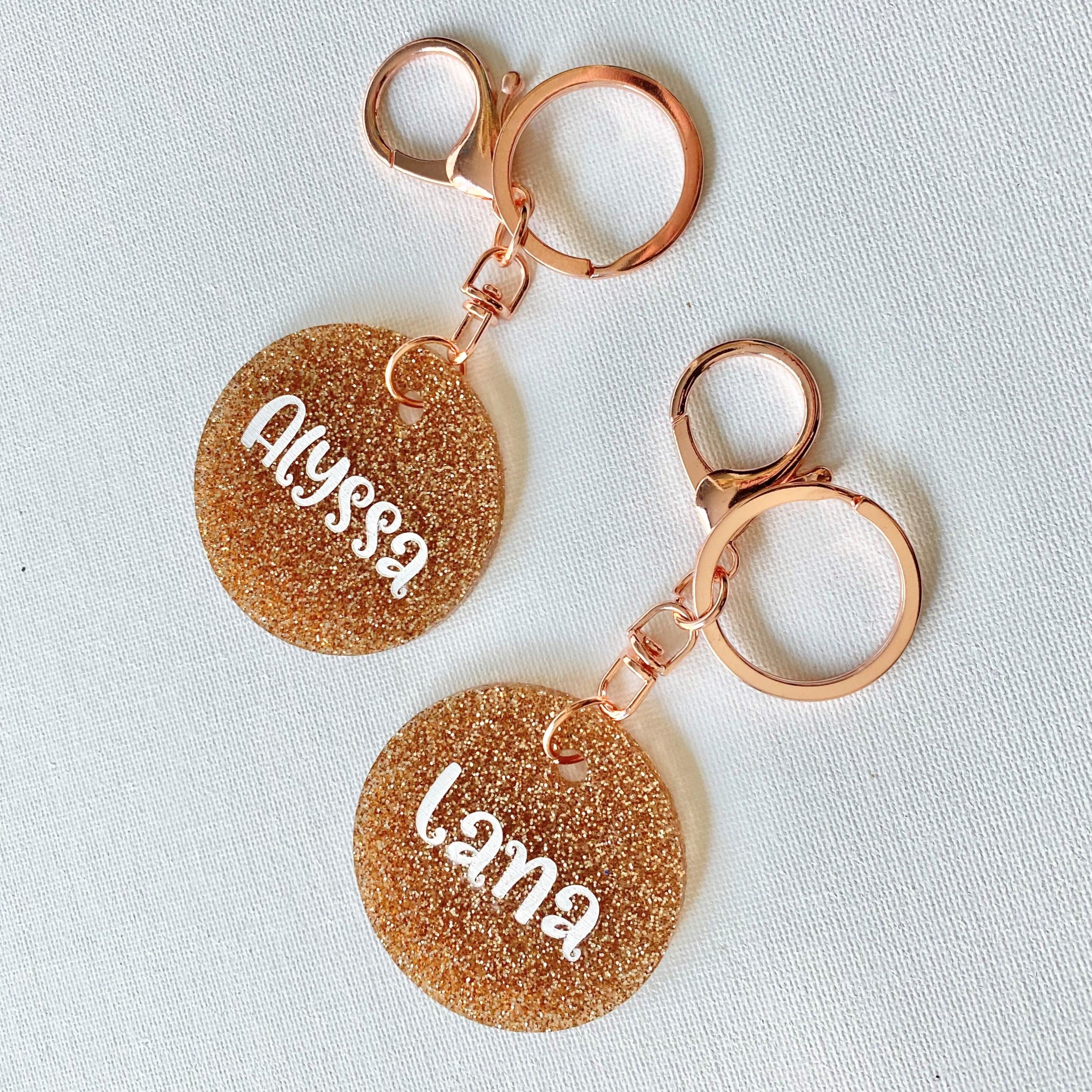 Rose Gold Personalised Key Ring - Rose Gold Glitter Bag Tag