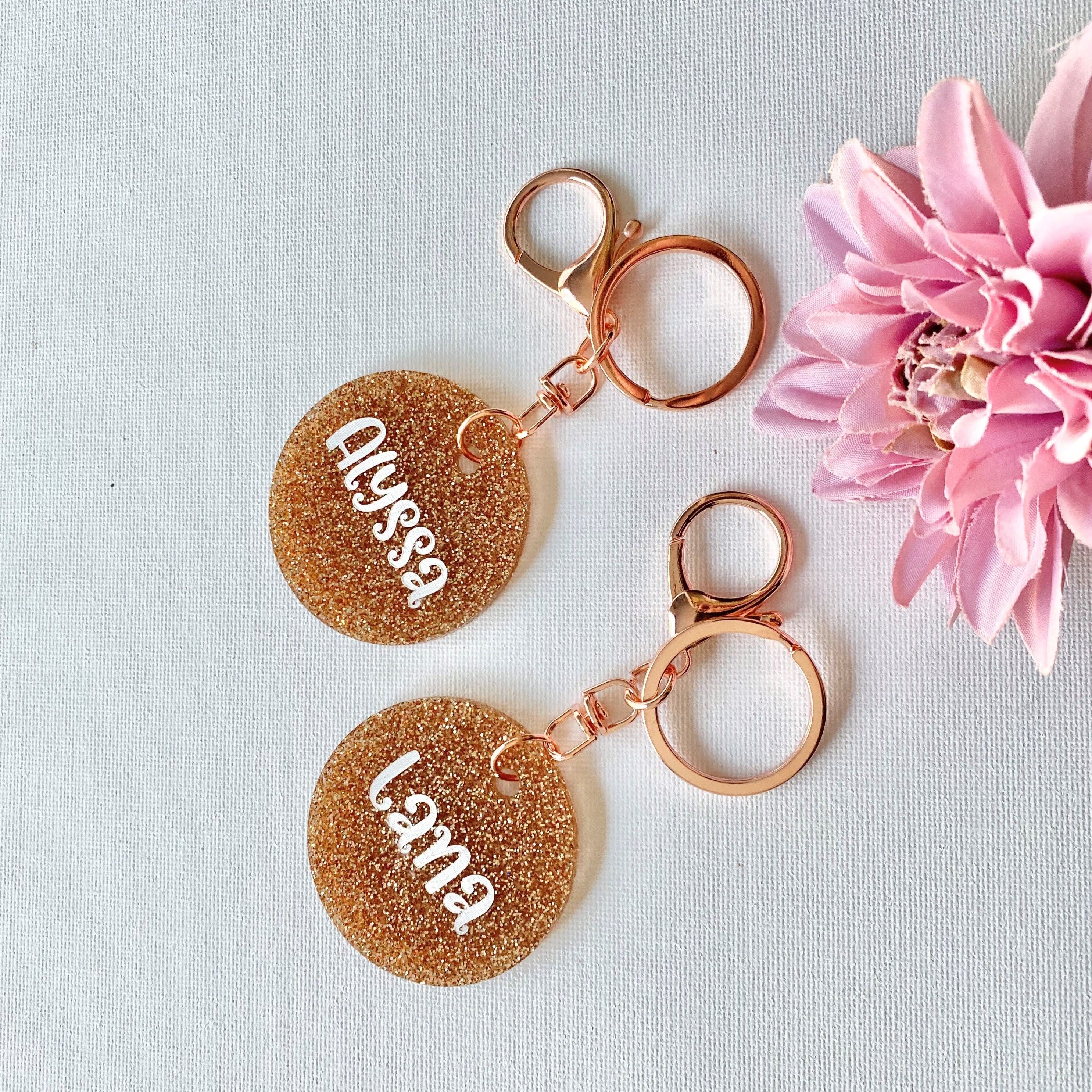 Rose Gold Personalised Key Ring - Rose Gold Glitter Bag Tag