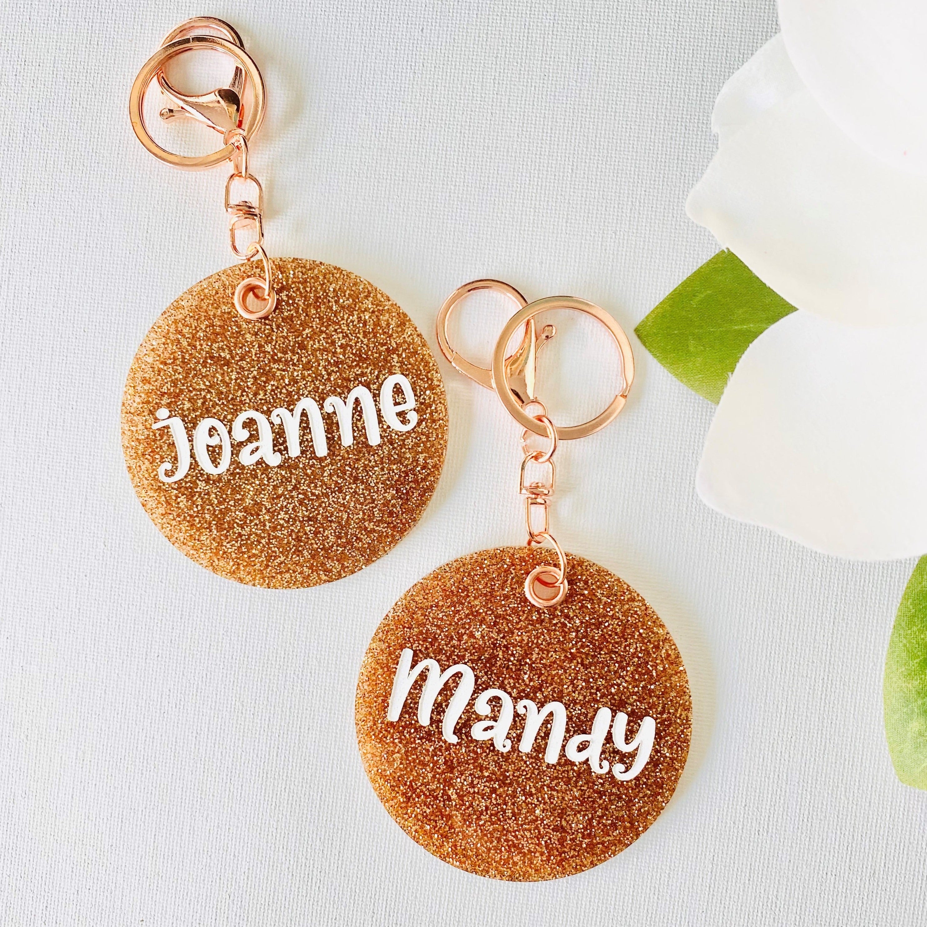 Rose Gold Personalised Key Ring - Rose Gold Glitter Bag Tag