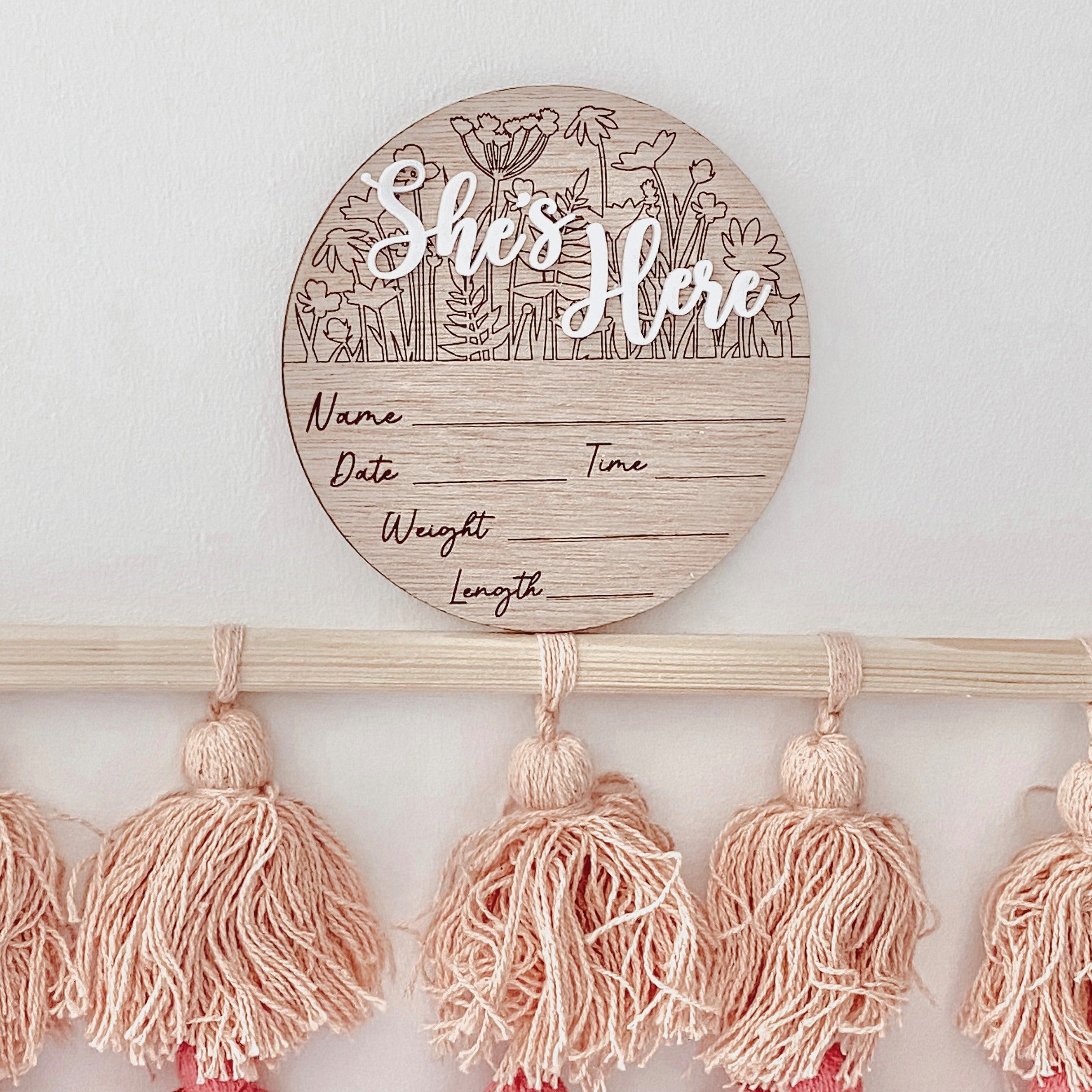 Wooden Baby Birth Announcement Plaque - Wooden Birth Announcement Sign - Wildflower