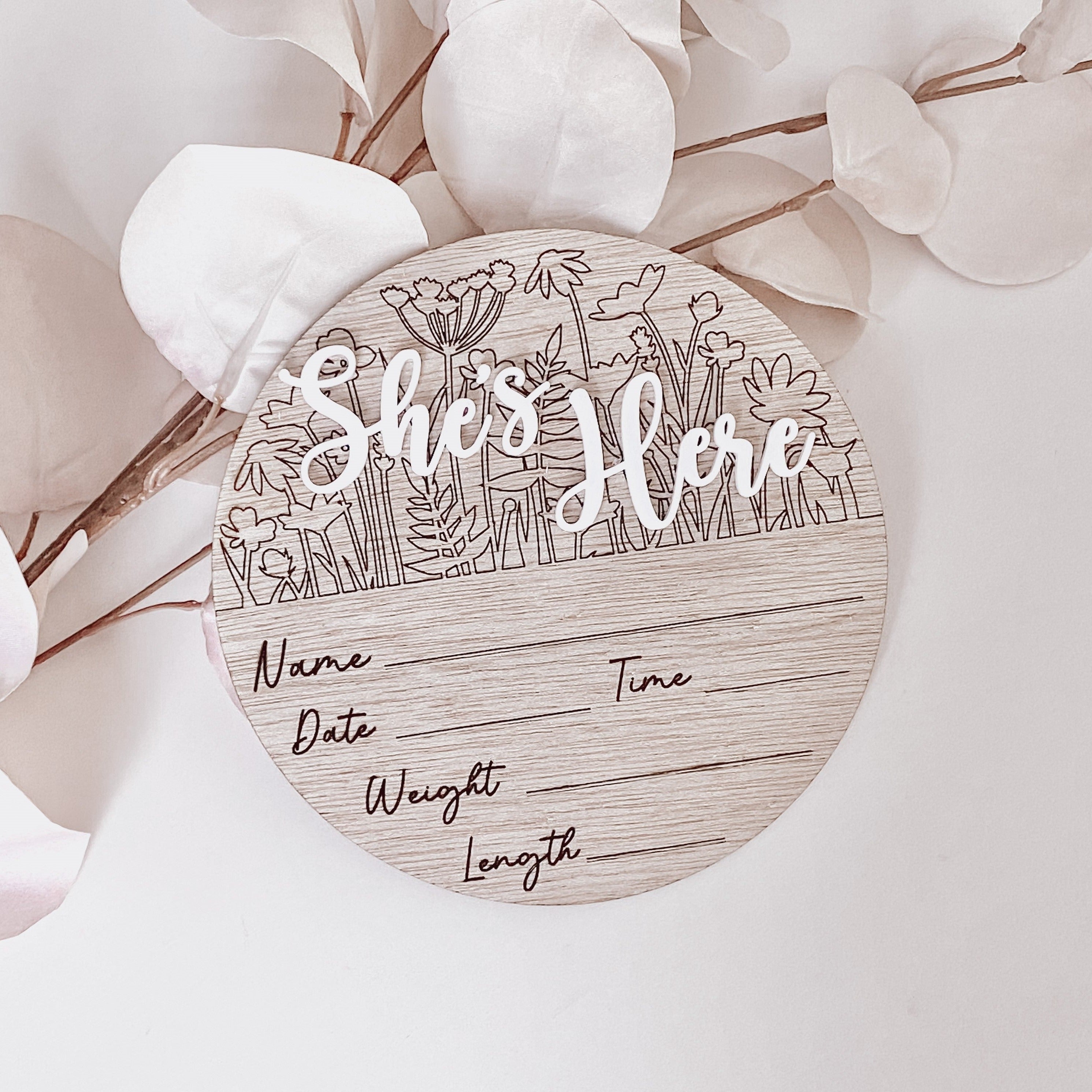 Wooden Baby Birth Announcement Plaque - Wooden Birth Announcement Sign - Wildflower